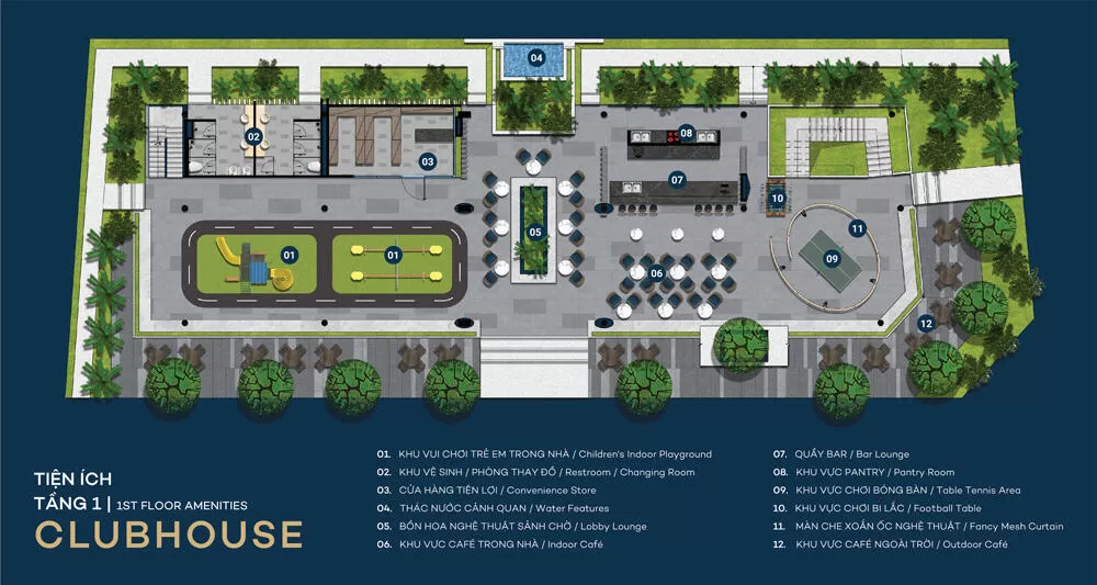 Sơ đồ 12 hạng mục tiện ích tầng 1 clubhouse The Standard Bình Dương