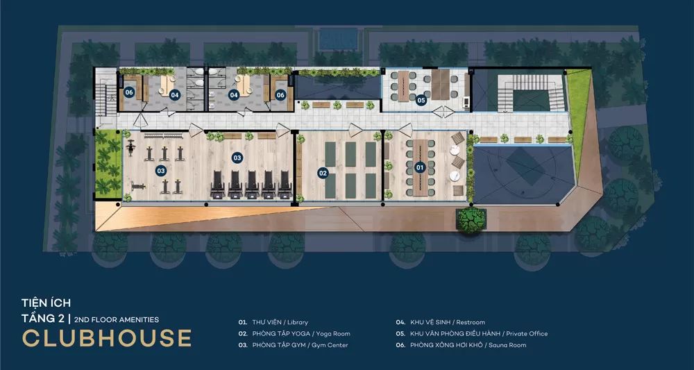 Sơ đồ 6 hạng mục tiện ích tầng 2 clubhouse The Standard Bình Dương