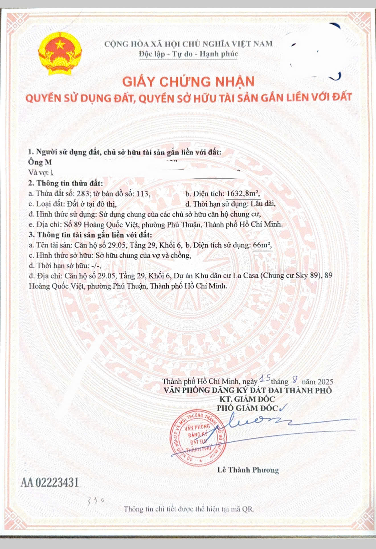 Giấy chứng nhận quyền sử dụng đất căn hộ Sky 89 đã che thông tin cá nhân