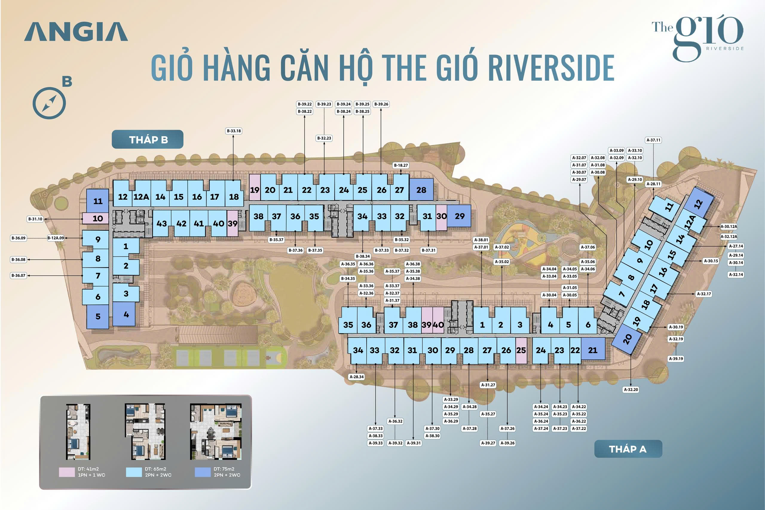 Giỏ hàng căn hộ The Gió Riverside theo tháp A, tháp B và loại diện tích 41m2, 65m2, 75m2
