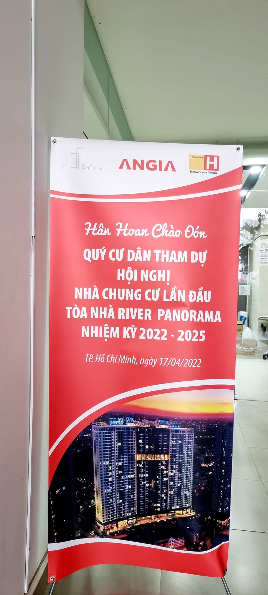 Bảng chào đón hội nghị nhà chung cư lần đầu toà nhà River Panorama nhiệm kỳ 2022-2025