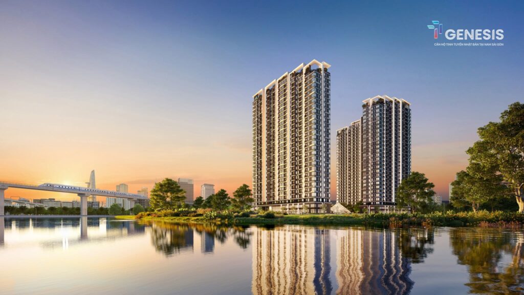 Phối cảnh cảnh quan ven sông và hai tháp căn hộ TT Genesis