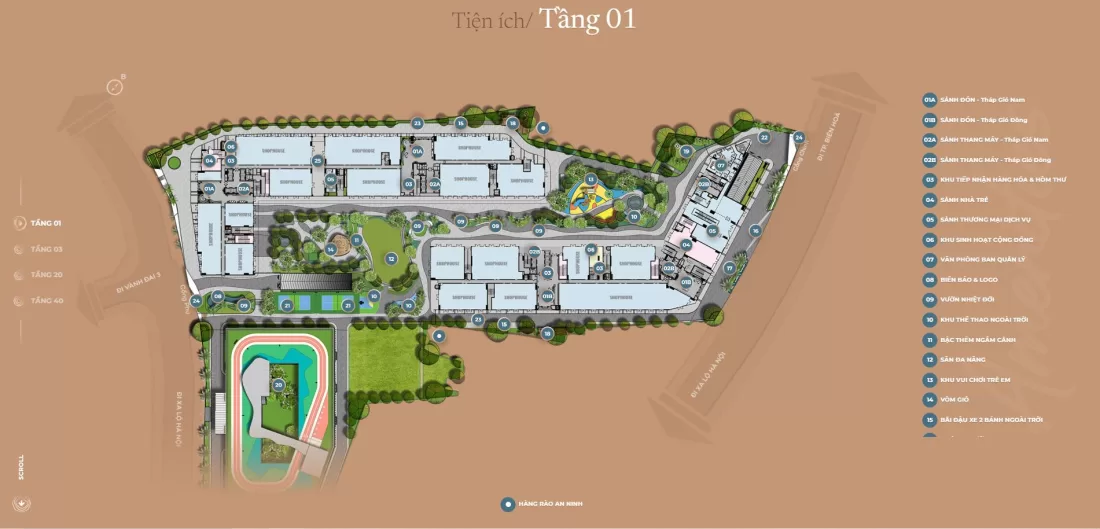 Sơ đồ tiện ích The Gió Riverside tầng 1 với quảng trường và khối shophouse