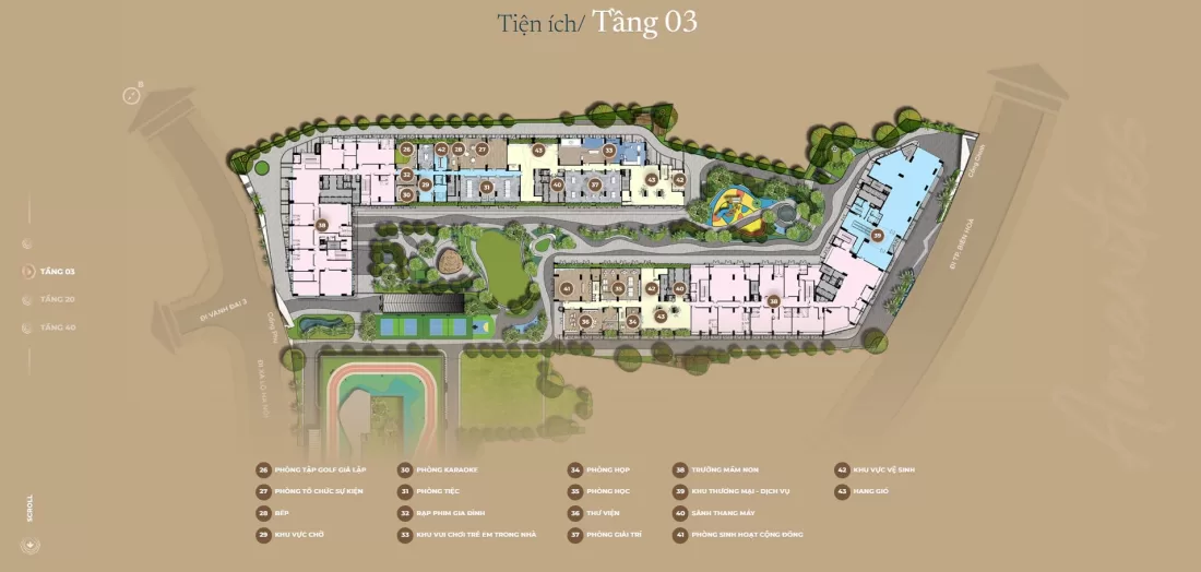 Sơ đồ tầng 3 The Gió Riverside gồm trường mầm non, thư viện và rạp phim gia đình