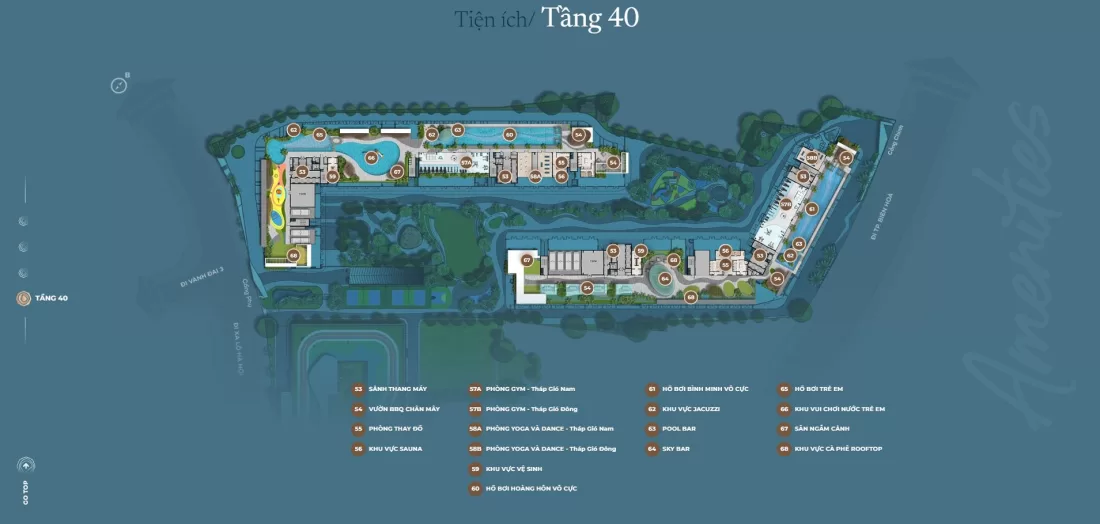 Sơ đồ tiện ích The Gió Riverside tầng 40 với hai hồ bơi vô cực và sky bar