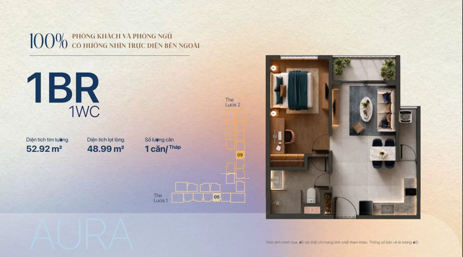 Mặt bằng TT Genesis căn 1BR AURA 52,92 m2