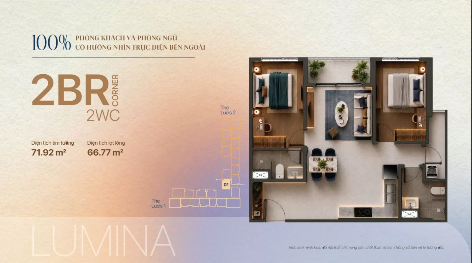 Mặt bằng TT Genesis căn 2BR Corner LUMINA 71,92 m2