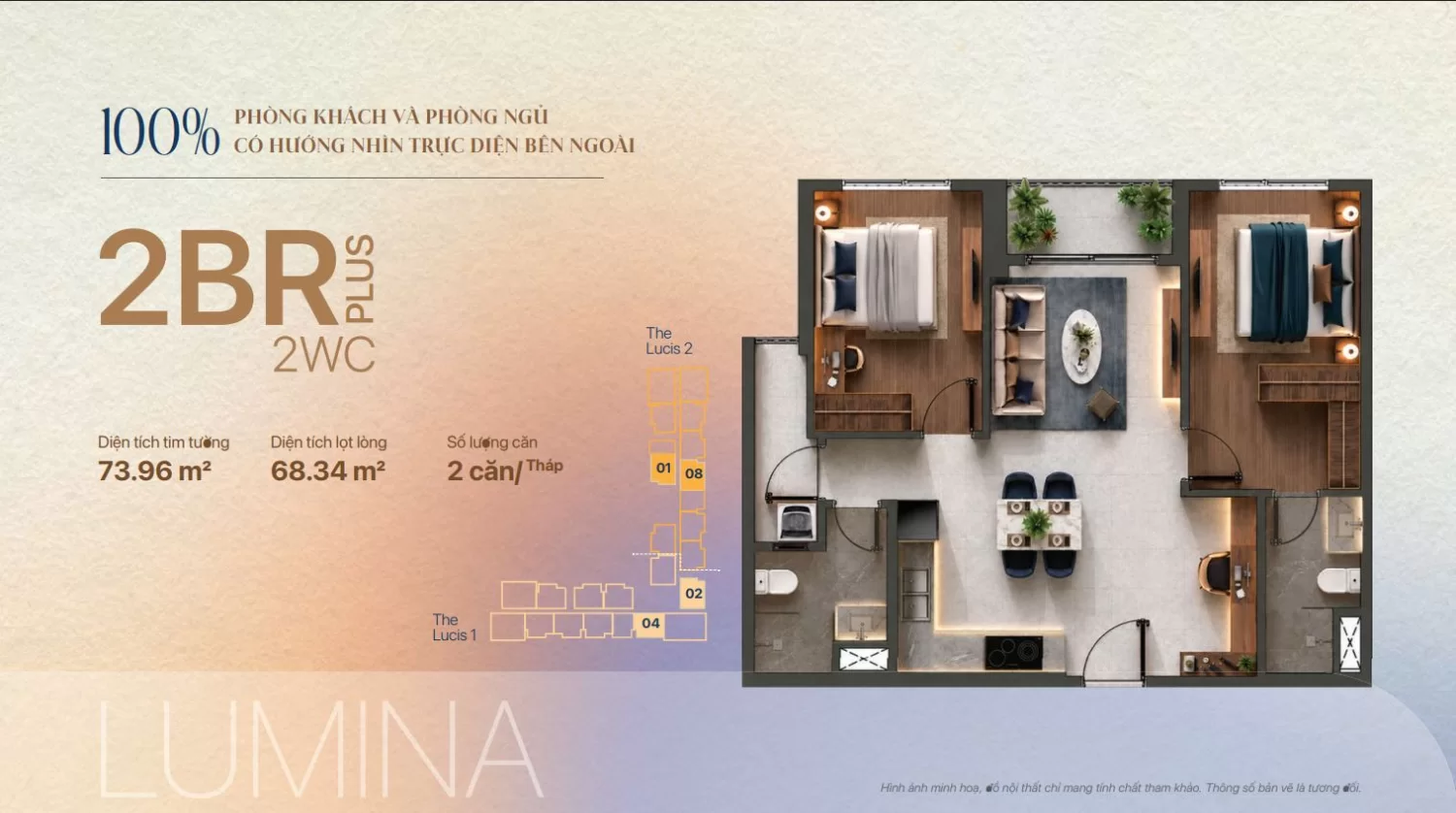 Mặt bằng TT Genesis căn 2BR Plus LUMINA 73,96 m2