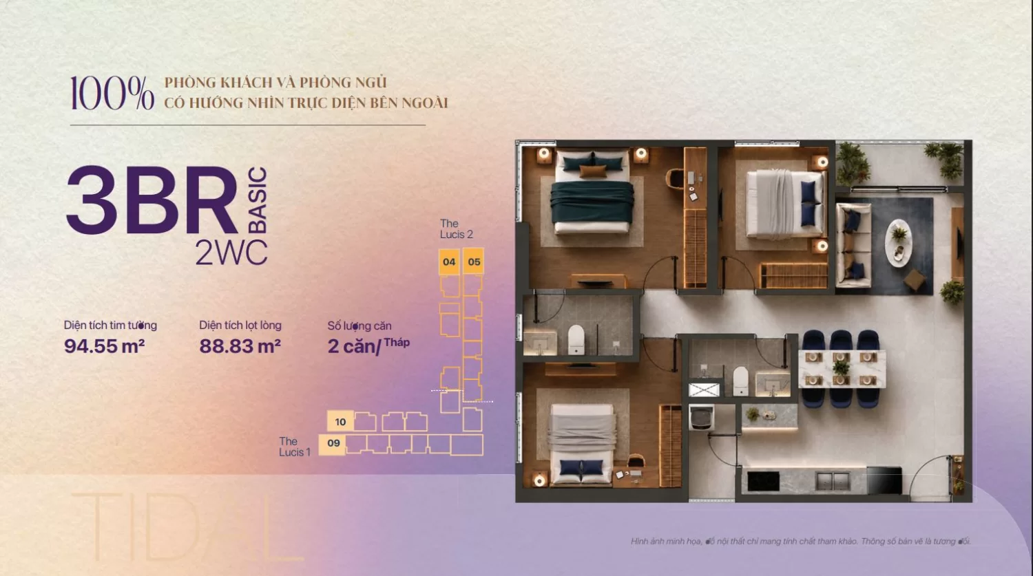 Mặt bằng TT Genesis căn 3BR Basic TIDAL 94,55 m2