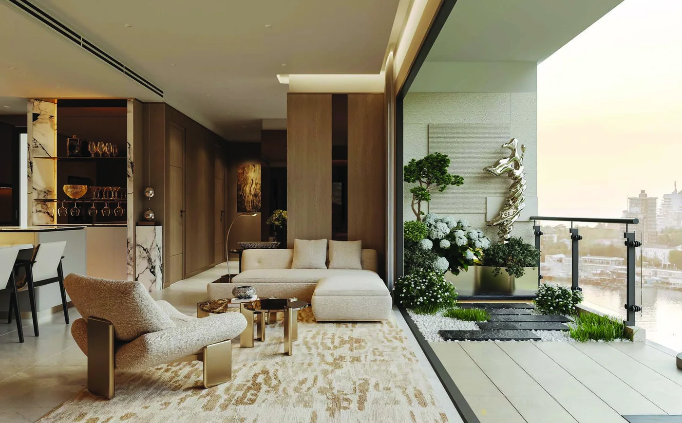 Phòng khách và vật liệu hoàn thiện căn hộ mẫu TT Genesis Nhà Bè