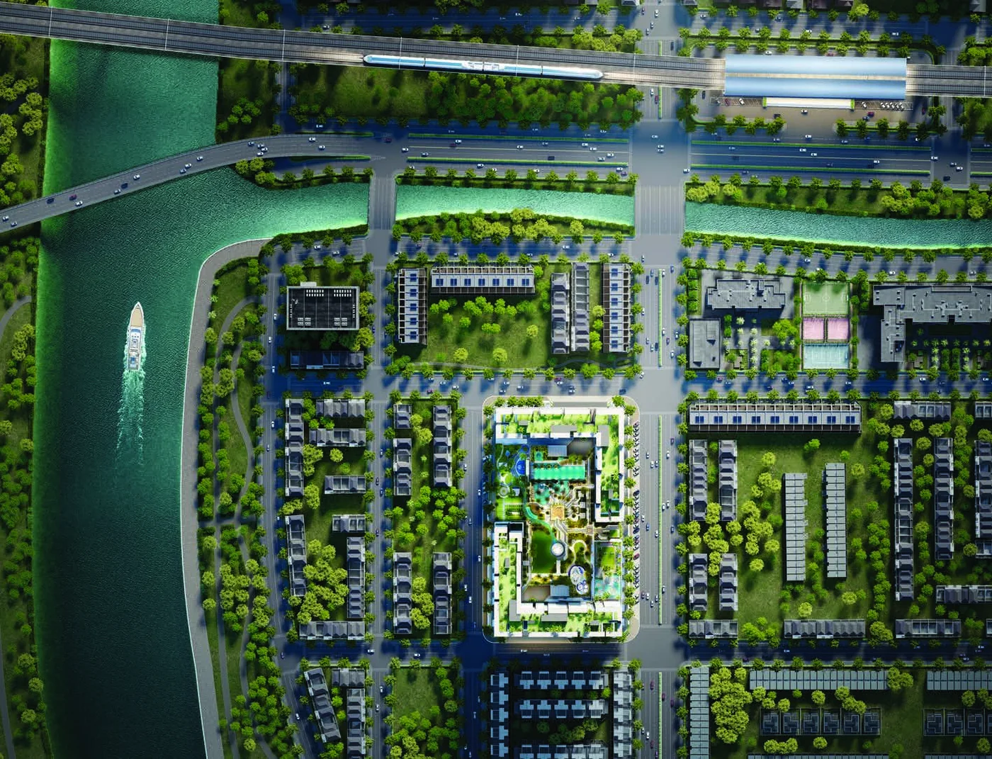 Vị trí TT Genesis nhìn từ trên cao, cạnh sông và tuyến metro trên cao