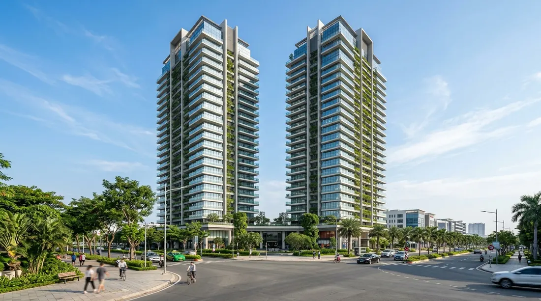 Phối Cảnh Tháp Đôi Essensia Nam Sài Gòn Mặt Tiền Nguyễn Hữu Thọ Phối cảnh hai tòa tháp đôi căn hộ Essensia Nam Sài Gòn trên mặt tiền đại lộ Nguyễn Hữu Thọ