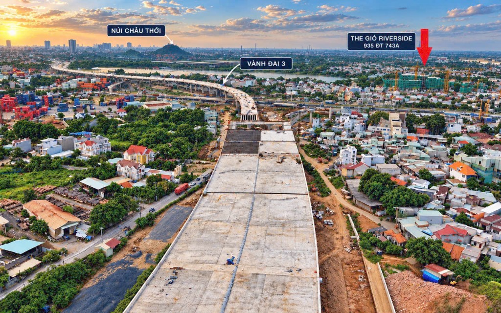 Ảnh flycam thực tế tuyến cầu cạn đường Vành Đai 3 thi công kết nối đến dự án The Gió Riverside 935 ĐT 743A