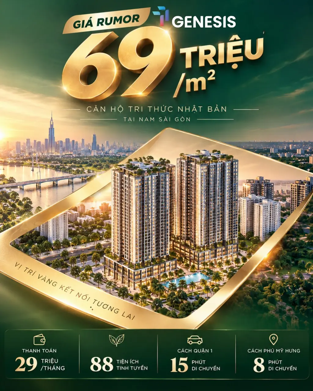 Poster công bố đơn giá rumor 69 triệu đồng trên m2 căn hộ TT Genesis Nhà Bè
