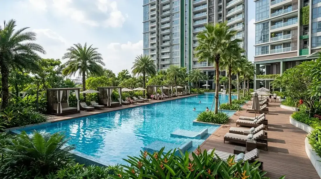 Hệ Thống Tiện Ích Hồ Bơi Resort Chuẩn Quốc Tế Tại Căn Hộ Nam Sài Gòn Hệ tiện ích hồ bơi phong cách resort nhiệt đới phục vụ cư dân căn hộ cao cấp khu Nam