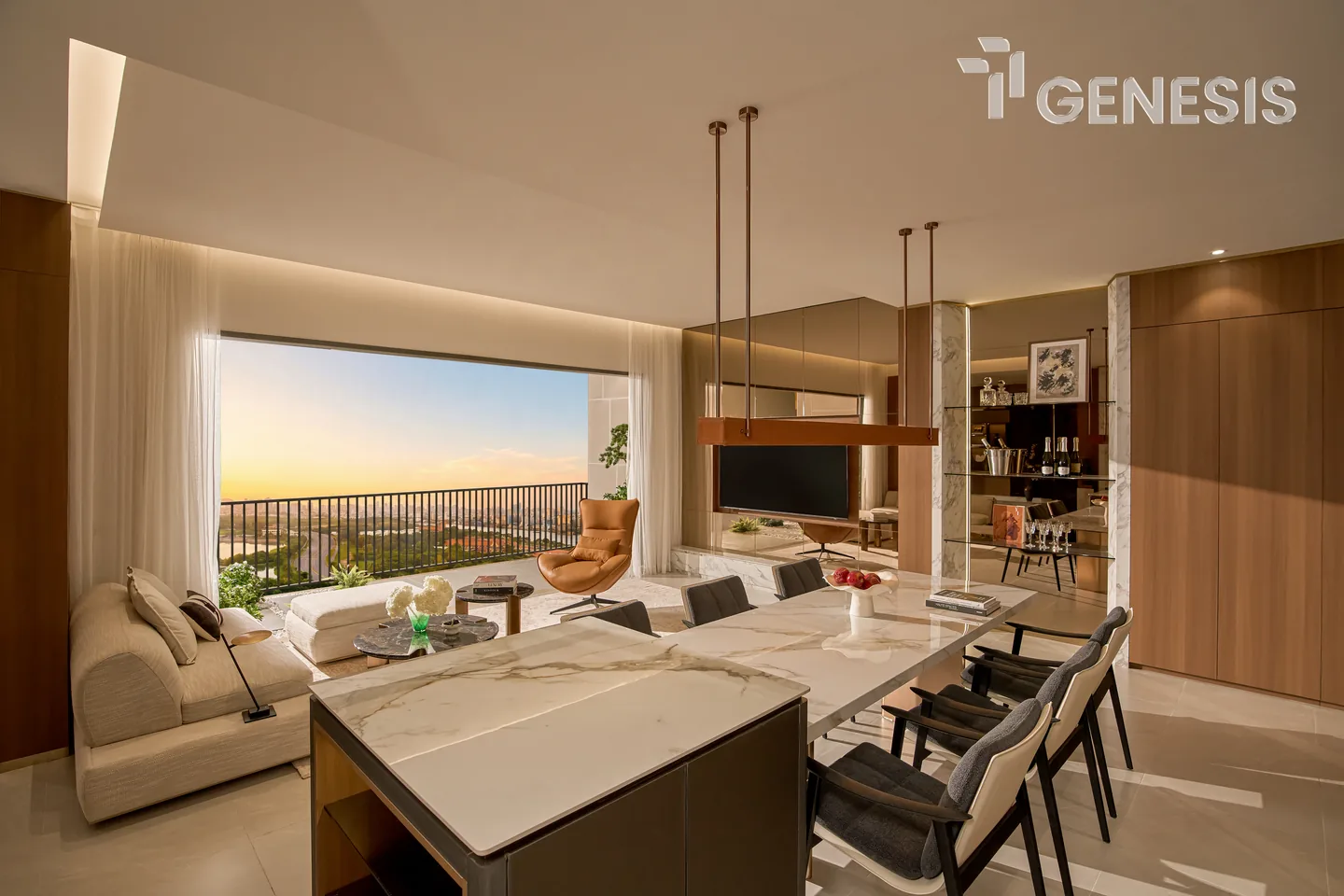 Bếp bàn ăn và phòng khách căn hộ mẫu TT Genesis 3PN