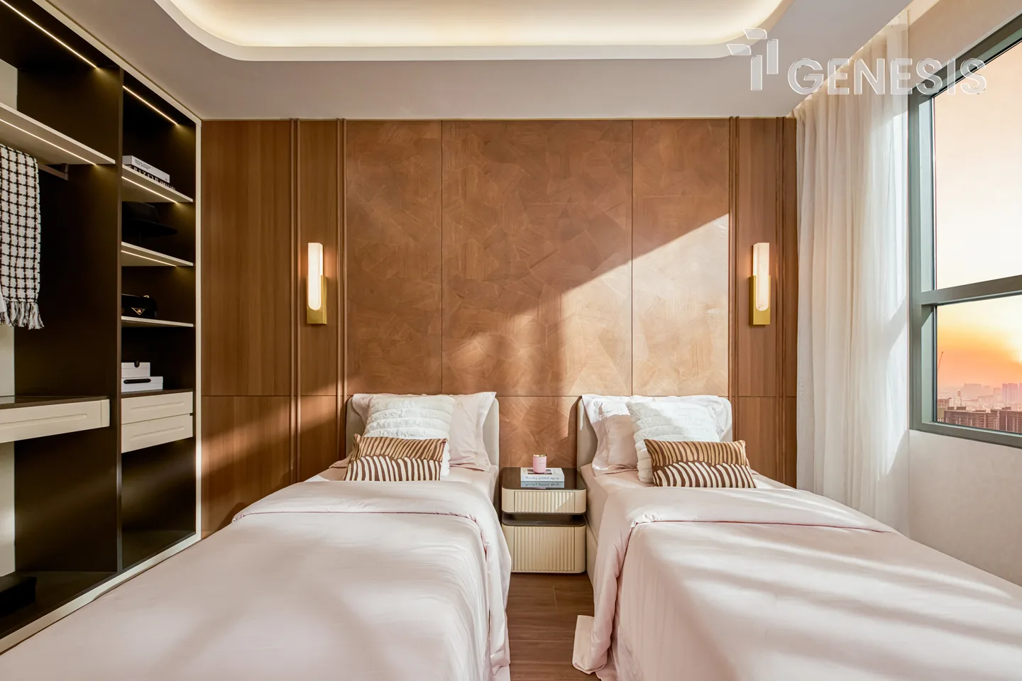 Phòng ngủ hai giường đơn và tủ lưu trữ trong căn mẫu ba phòng ngủ