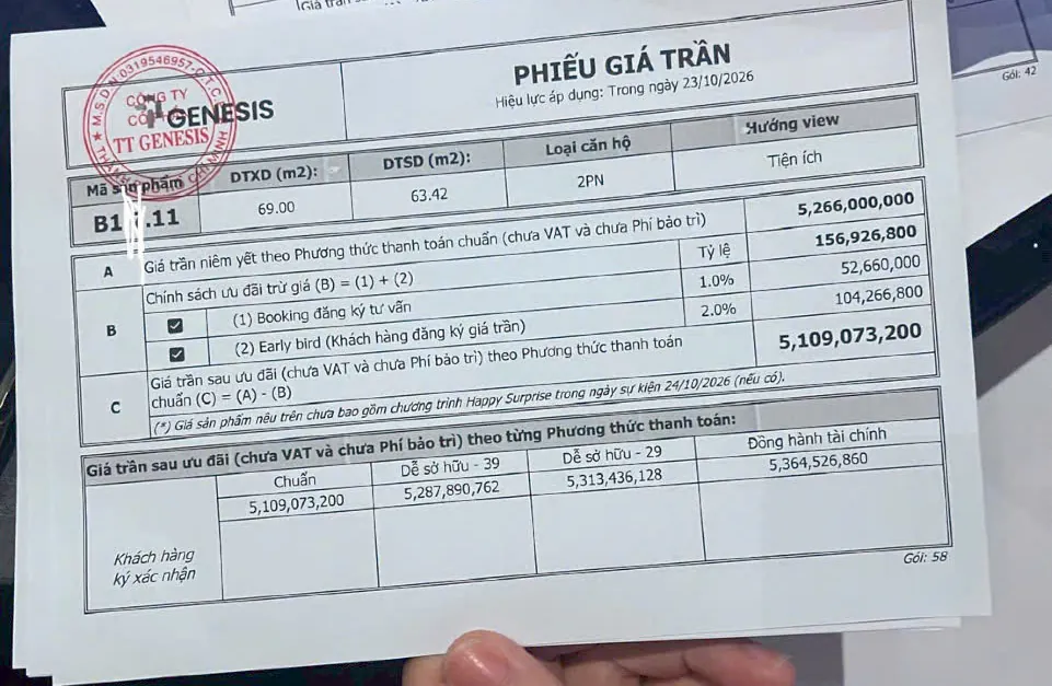 Phiếu giá trần căn 2PN, giá căn hộ TT Genesis ngày 23/10/2026