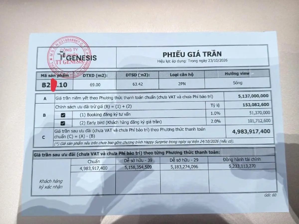 Phiếu tính giá trần căn hộ 2 phòng ngủ view sông ngày 23/10/2026