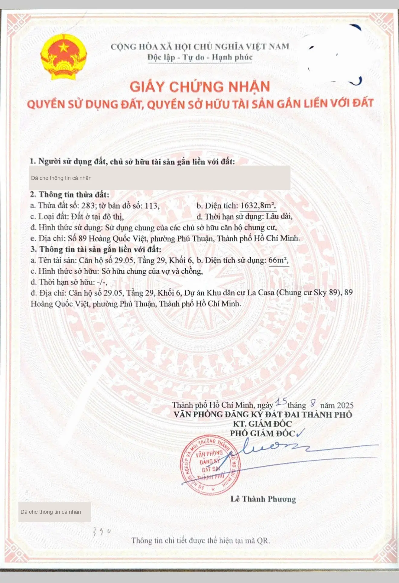 Sổ hồng căn hộ Sky 89 diện tích sử dụng 66 m², tầng 29, Khu dân cư La Casa
