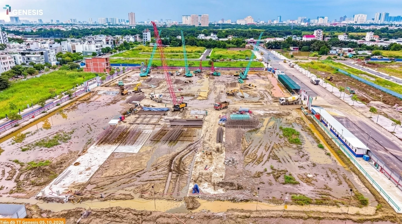 Hàng rào và mặt bằng thi công TT Genesis Góc nhìn tiến độ TT Genesis với hàng rào pano và mặt bằng thi công
